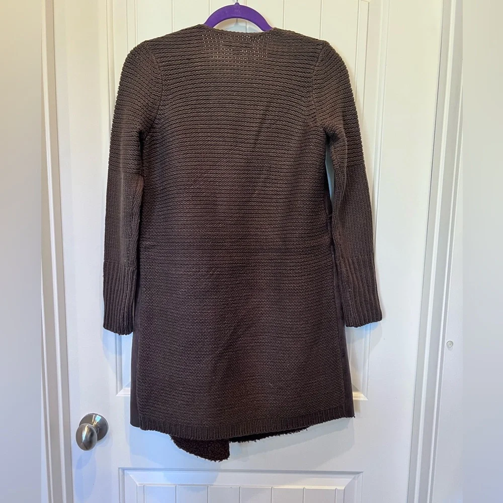 NWT Sweater Coat Pockets Faux Leather Sherpa Brown tones Sweater Back xs/sm